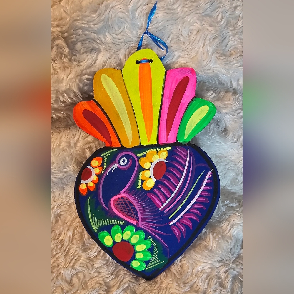 Handpainted Heart Mexican Folklore Art Blue Bird With Vibrant Bright Colors New